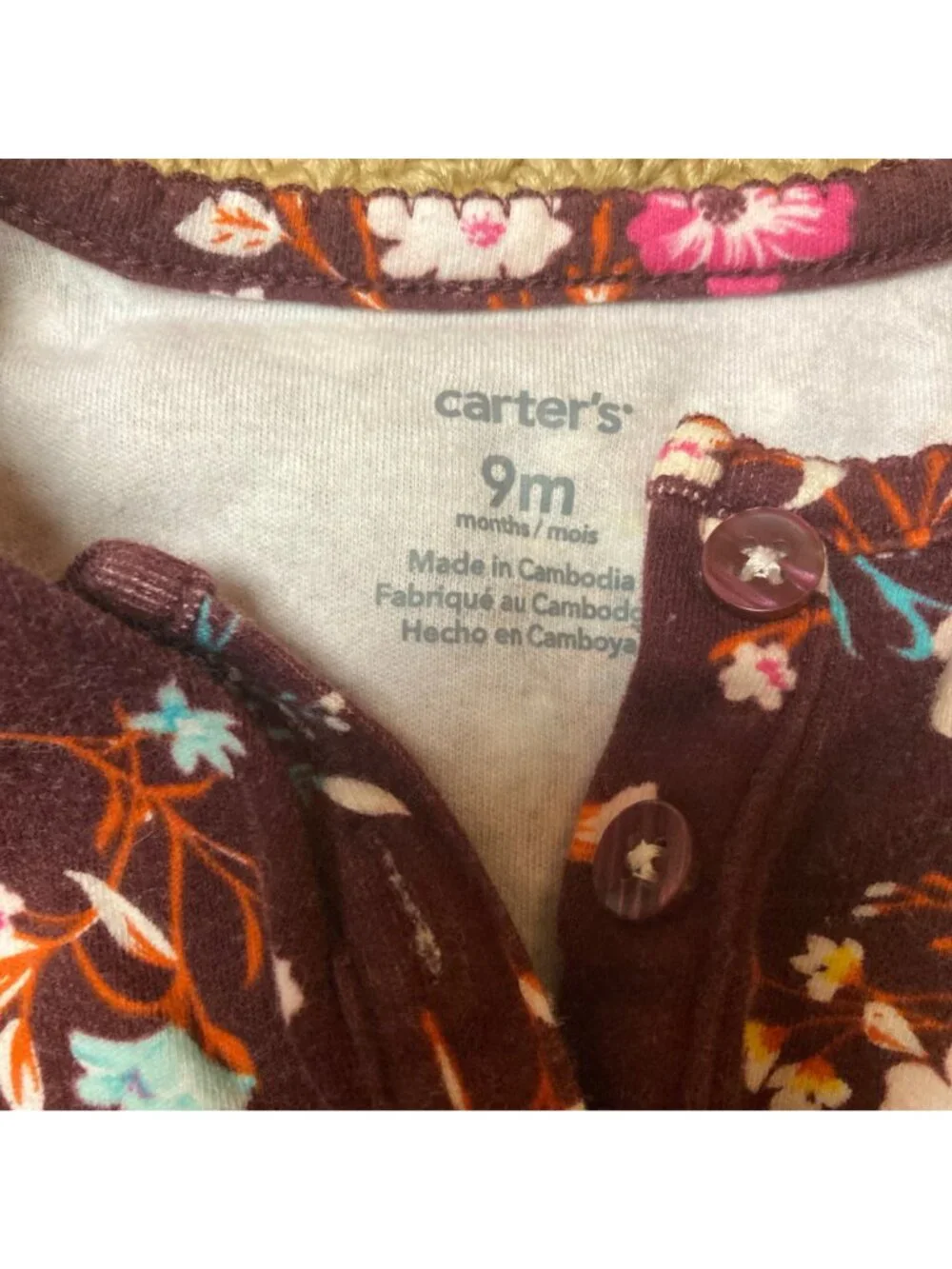 Carters Baby Floral Long-Sleeve Bodysuit 9M Maroon Cotton Snap Closure Outfit